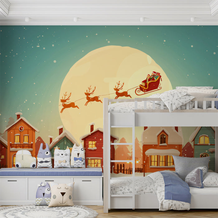 Cartoon Christmas Village Night Mural Wallpaper | Santa Flight, Warm Lights, Cheerful Winter Illustration