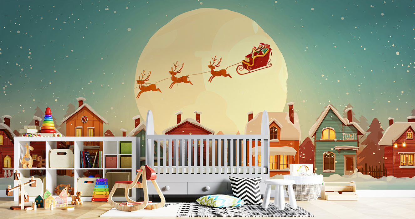 Cartoon Christmas Village Night Mural Wallpaper | Santa Flight, Warm Lights, Cheerful Winter Illustration
