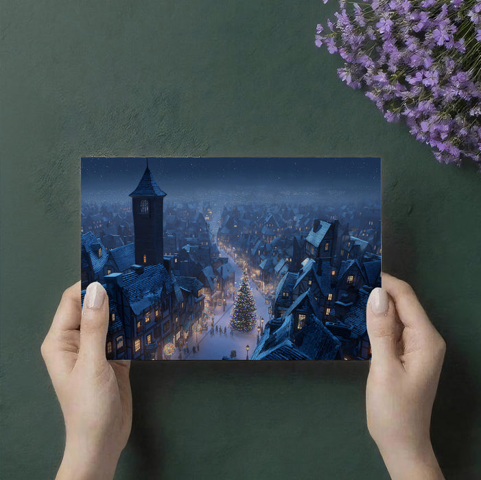 Dickensian Christmas Night Mural Wallpaper | Snowy Cityscape, Central Tree Glow, Cinematic Blue Tones