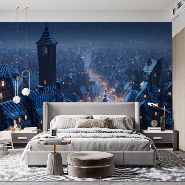 Dickensian Christmas Night Mural Wallpaper | Snowy Cityscape, Central Tree Glow, Cinematic Blue Tones