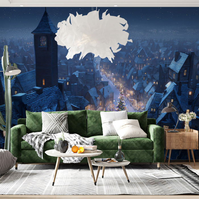 Dickensian Christmas Night Mural Wallpaper | Snowy Cityscape, Central Tree Glow, Cinematic Blue Tones