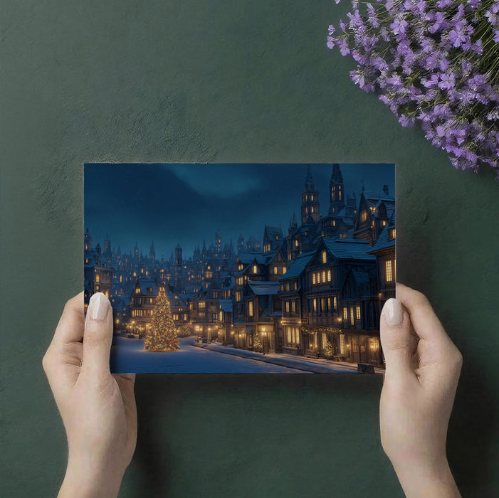 Old European Christmas City Mural Wallpaper | Snowy Street, Gothic Architecture, Golden Warm Window Glow