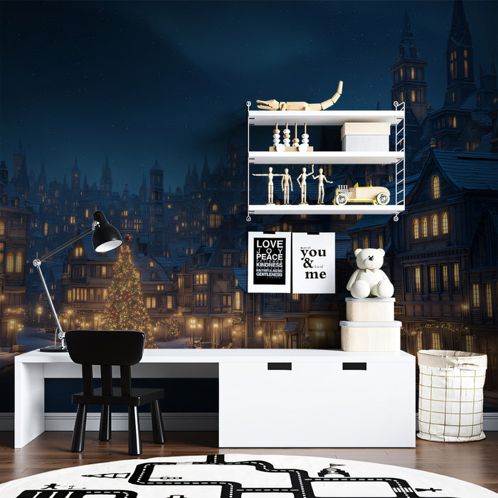 Old European Christmas City Mural Wallpaper | Snowy Street, Gothic Architecture, Golden Warm Window Glow