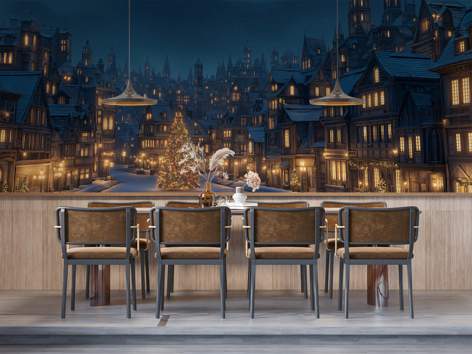 Old European Christmas City Mural Wallpaper | Snowy Street, Gothic Architecture, Golden Warm Window Glow