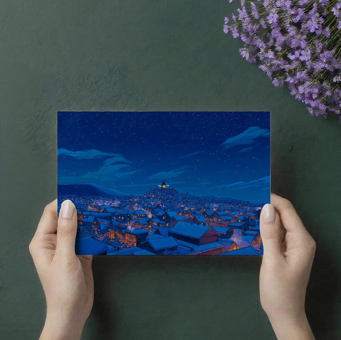 Cartoon Snowy Mountain Village Mural Wallpaper | Blue Night Sky, Wide Panorama, Warm Cabin Lights