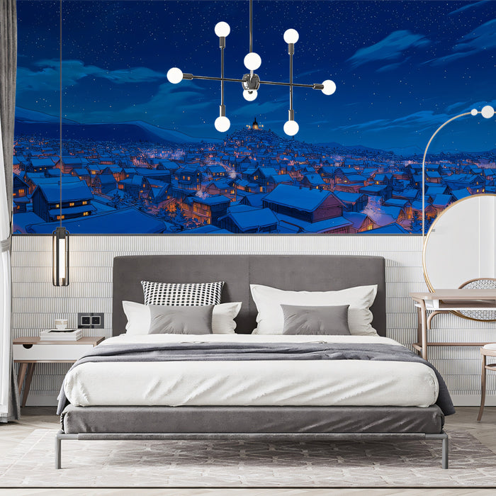 Cartoon Snowy Mountain Village Mural Wallpaper | Blue Night Sky, Wide Panorama, Warm Cabin Lights