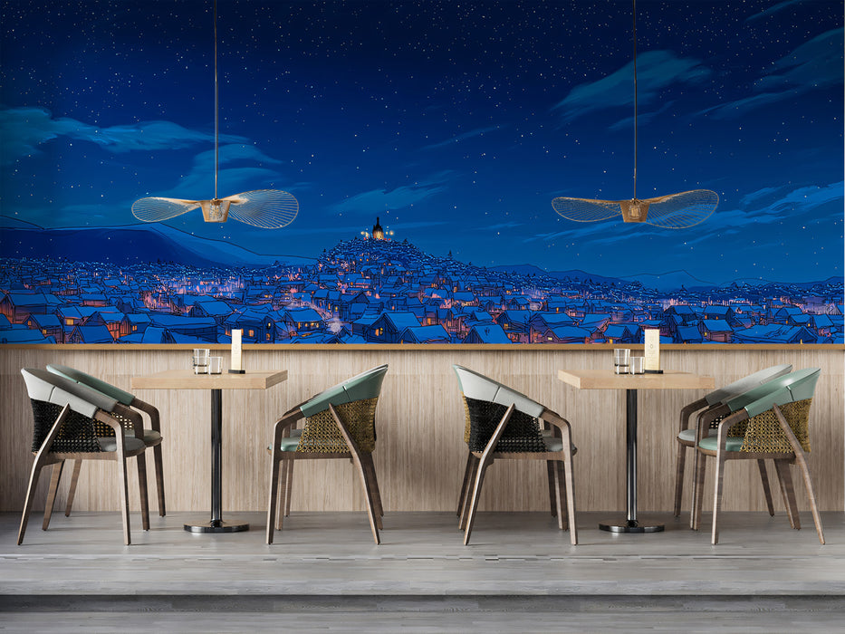 Cartoon Snowy Mountain Village Mural Wallpaper | Blue Night Sky, Wide Panorama, Warm Cabin Lights