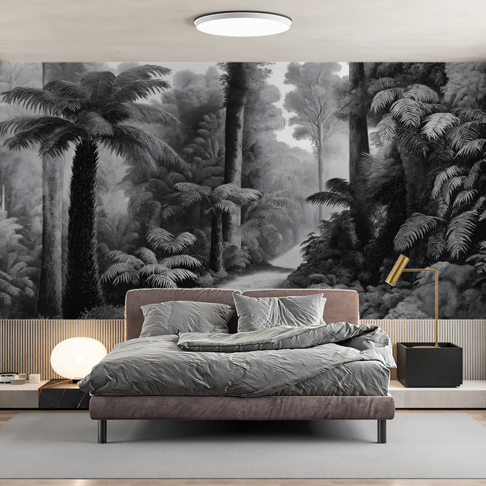 Majestic Rainforest Path Mural Wallpaper | Antique Monochrome Forest