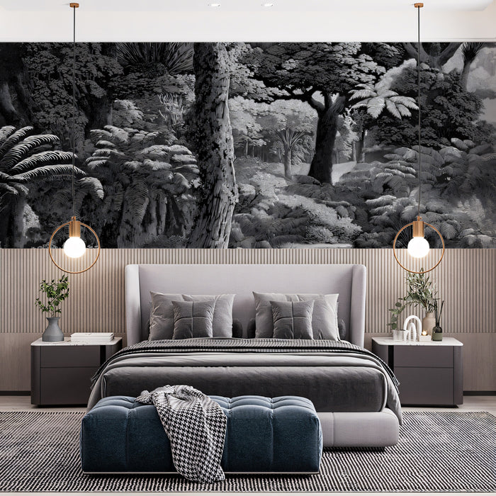 Deep Fern Grove Mural Wallpaper | Textured Black and White Nature