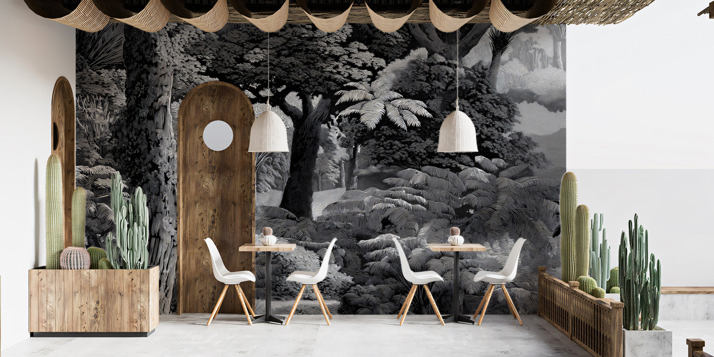 Deep Fern Grove Mural Wallpaper | Textured Black and White Nature