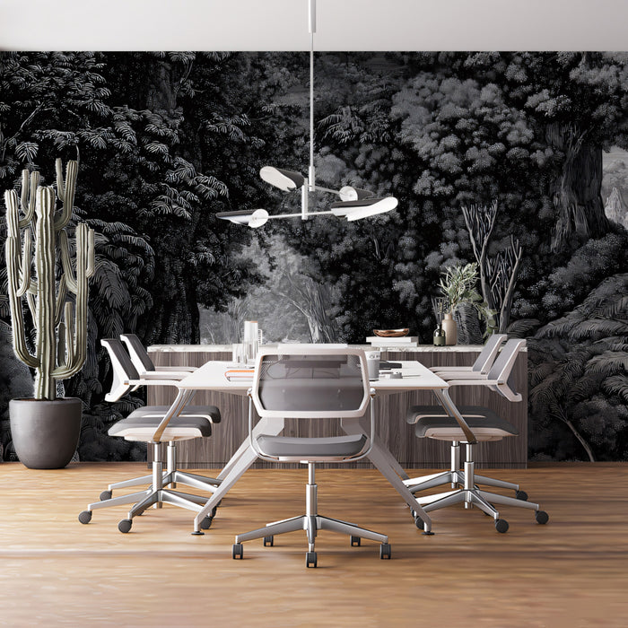 Wilderness Landscape Etching Mural Wallpaper | Panoramic Forest View