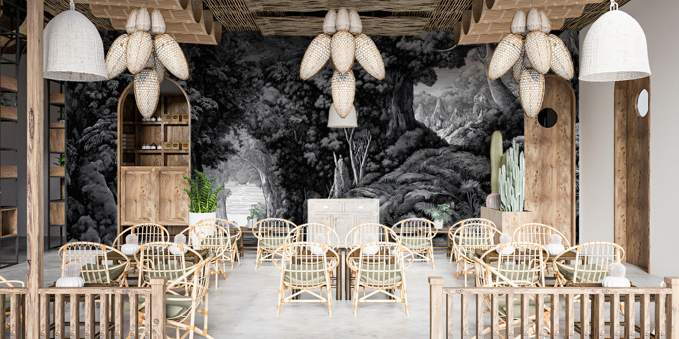 Wilderness Landscape Etching Mural Wallpaper | Panoramic Forest View