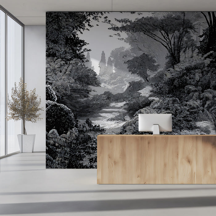Enchanted Woodland Stream Mural Wallpaper | Vintage Nature Scene