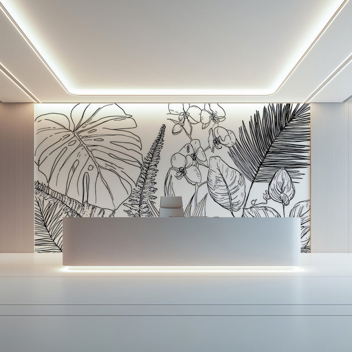 Minimalist Tropical Outline Mural Wallpaper | Modern Botanical Line Art