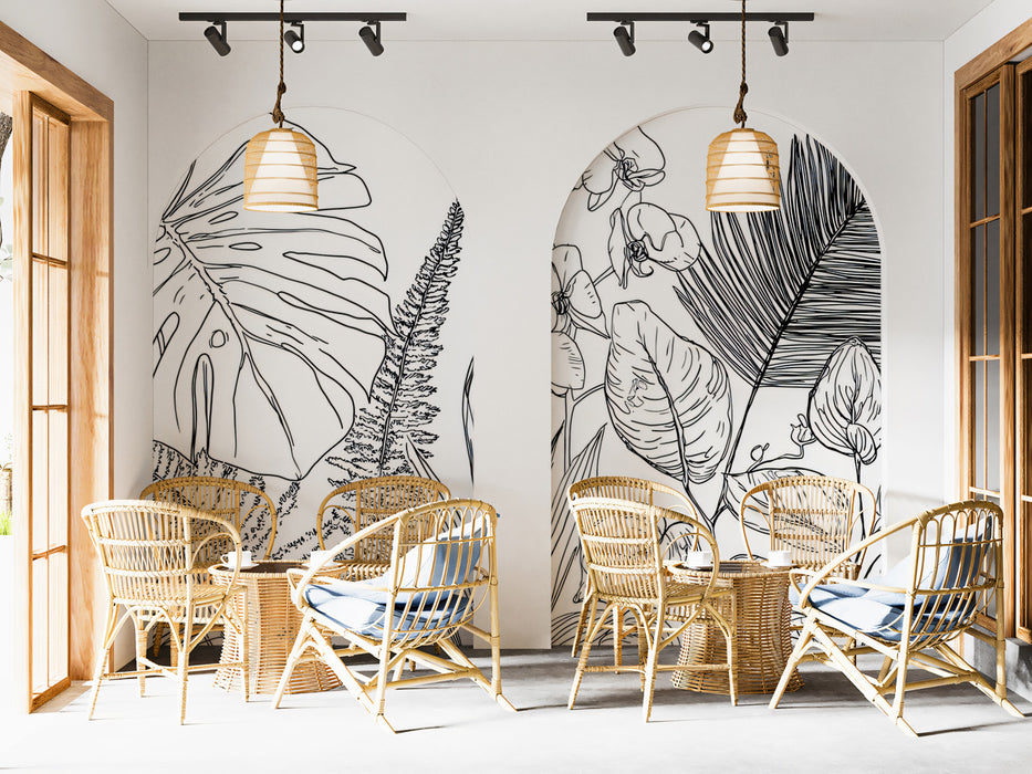 Minimalist Tropical Outline Mural Wallpaper | Modern Botanical Line Art