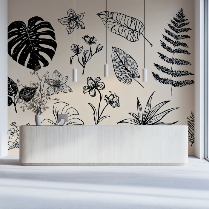 Sepia Botanical Specimen Mural Wallpaper | Vintage Leaf Study