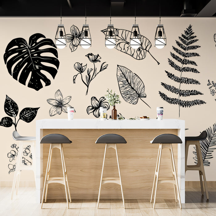 Sepia Botanical Specimen Mural Wallpaper | Vintage Leaf Study