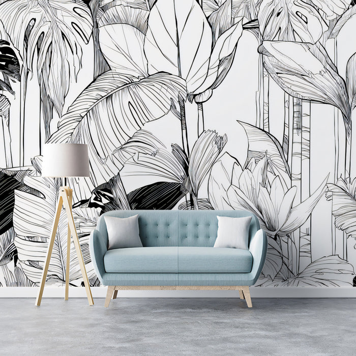 High Contrast Tropical Leaf Mural Wallpaper | Bold Black and White Foliage