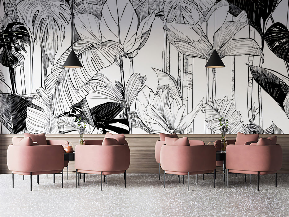 High Contrast Tropical Leaf Mural Wallpaper | Bold Black and White Foliage