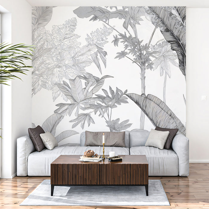Ethereal Silver Botanical Mural Wallpaper | Faded Vintage Jungle