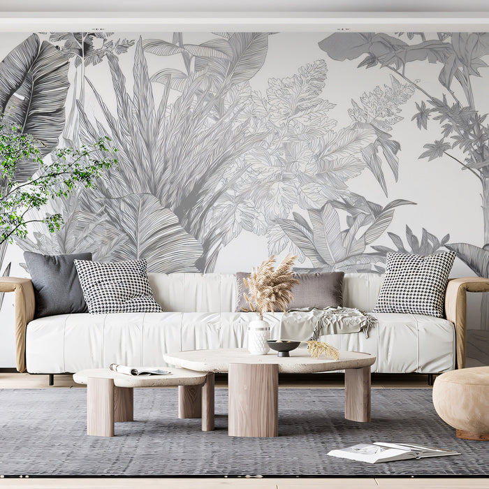 Ethereal Silver Botanical Mural Wallpaper | Faded Vintage Jungle