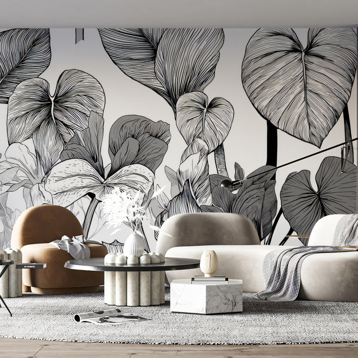 Mixed Floral and Foliage Mural Wallpaper | Elegant Greyscale Sketch