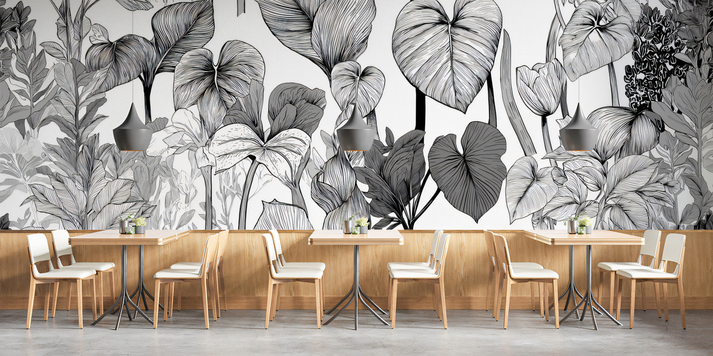 Mixed Floral and Foliage Mural Wallpaper | Elegant Greyscale Sketch