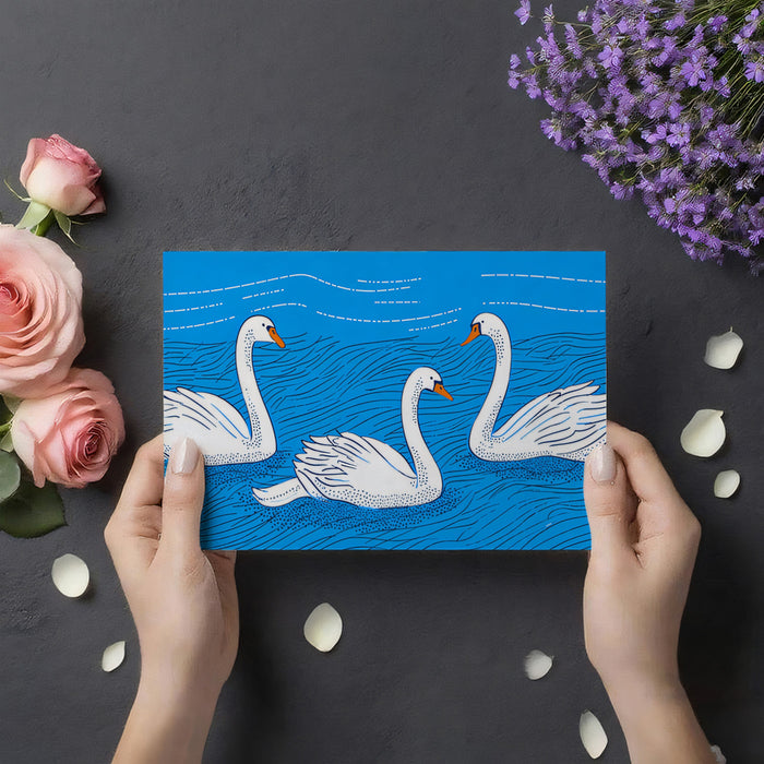 Linocut Style Swans Mural Wallpaper | Textured Folk Art