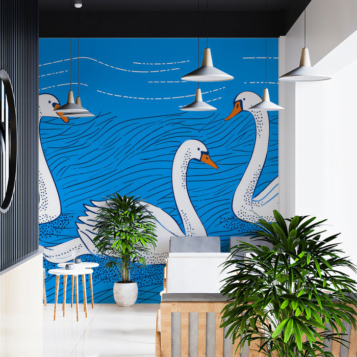 Linocut Style Swans Mural Wallpaper | Textured Folk Art