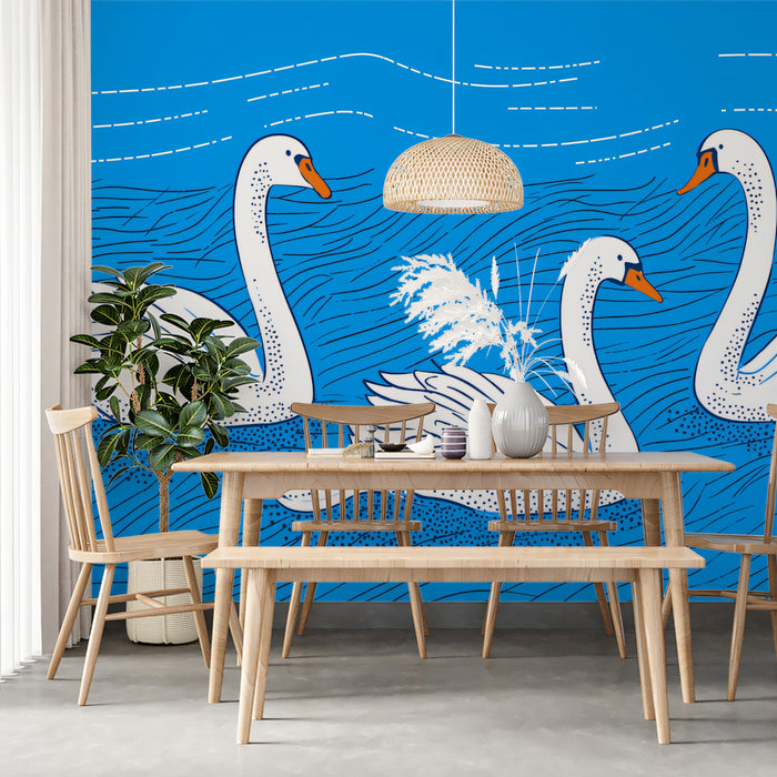 Linocut Style Swans Mural Wallpaper | Textured Folk Art