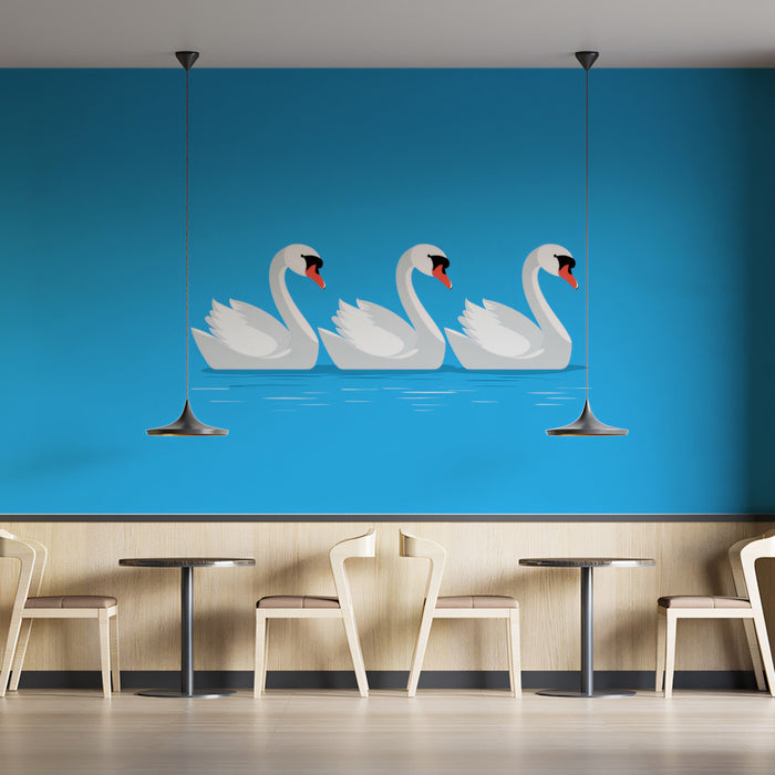 Minimalist Vector Swans Mural Wallpaper | Flat Design Blue