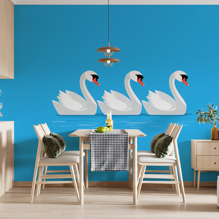 Minimalist Vector Swans Mural Wallpaper | Flat Design Blue
