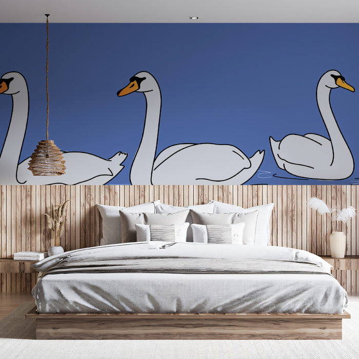 Hand-Drawn Whimsical Swans Mural Wallpaper | Soft Blue Illustration