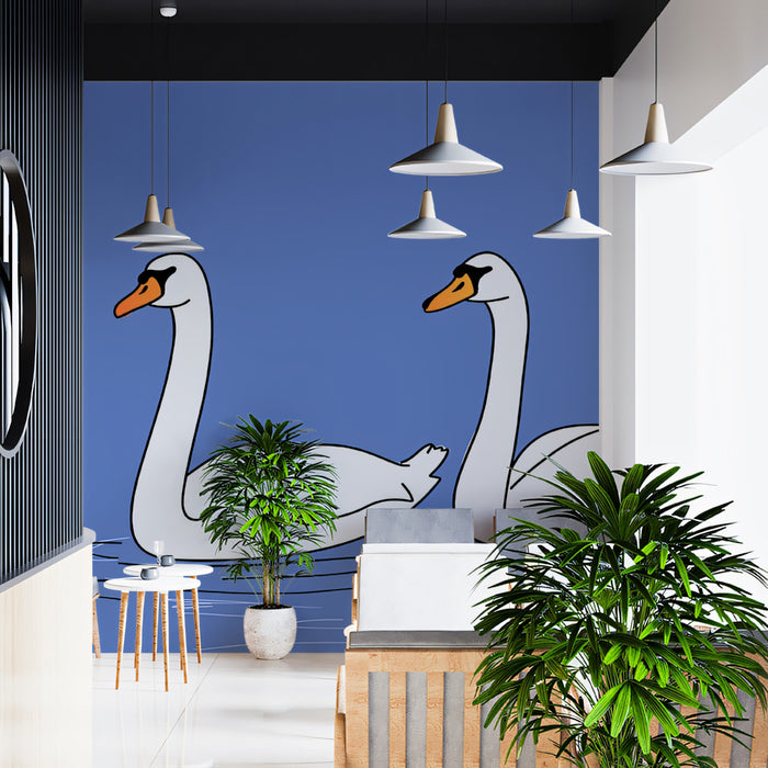 Hand-Drawn Whimsical Swans Mural Wallpaper | Soft Blue Illustration