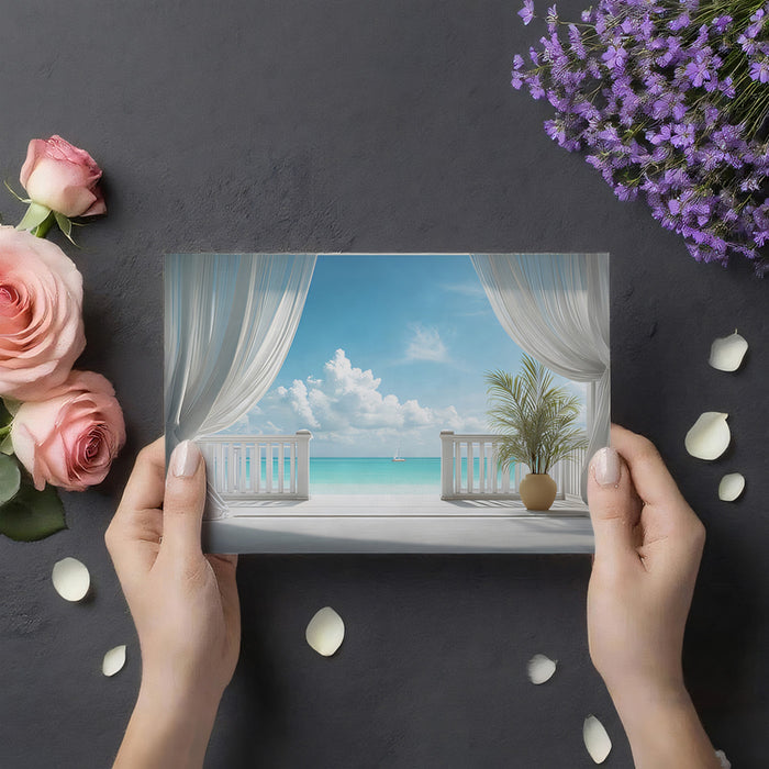 Serene Seaside Balcony Mural Wallpaper | Turquoise Ocean View