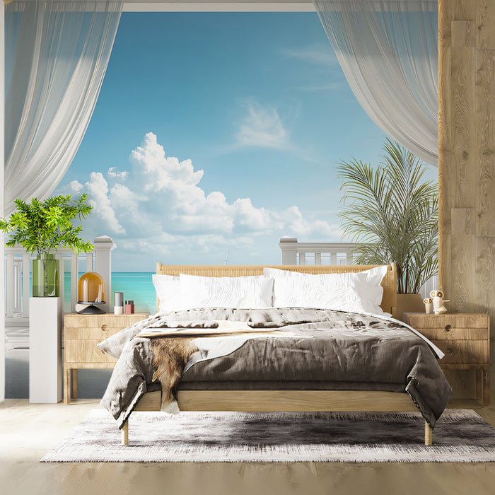 Serene Seaside Balcony Mural Wallpaper | Turquoise Ocean View