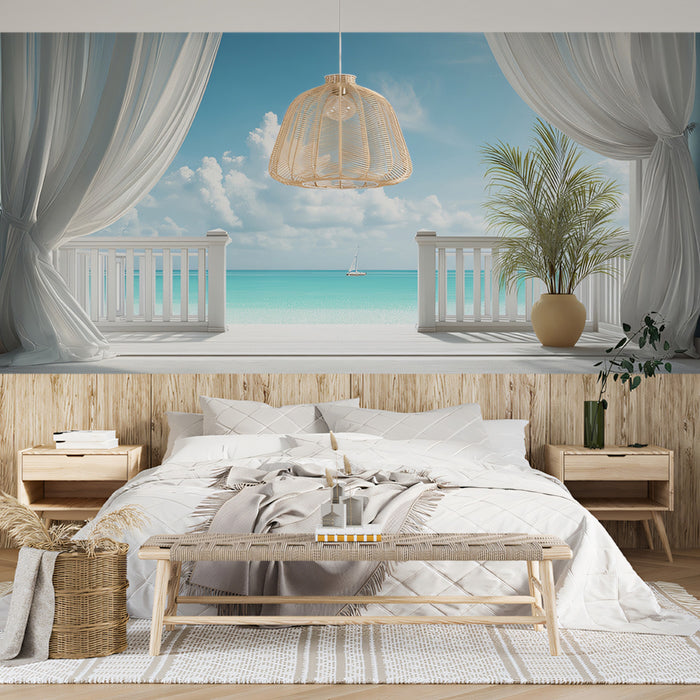 Serene Seaside Balcony Mural Wallpaper | Turquoise Ocean View