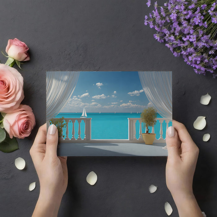 Panoramic Ocean Terrace Mural Wallpaper | Sailboats on Horizon