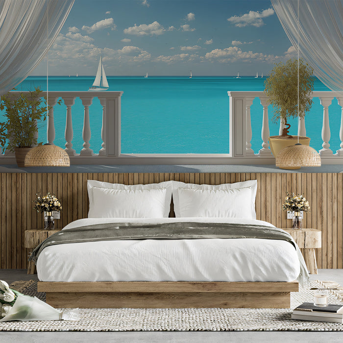 Panoramic Ocean Terrace Mural Wallpaper | Sailboats on Horizon
