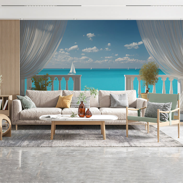 Panoramic Ocean Terrace Mural Wallpaper | Sailboats on Horizon