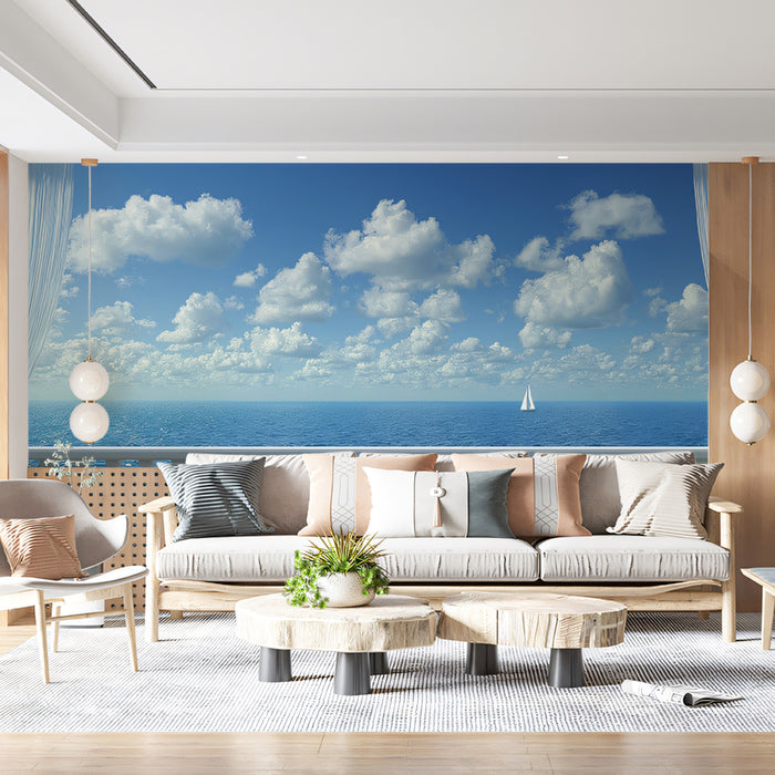Classic Balcony Seascape Mural Wallpaper | Blue Sky and Clouds