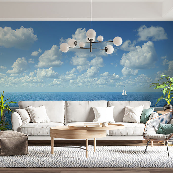 Classic Balcony Seascape Mural Wallpaper | Blue Sky and Clouds