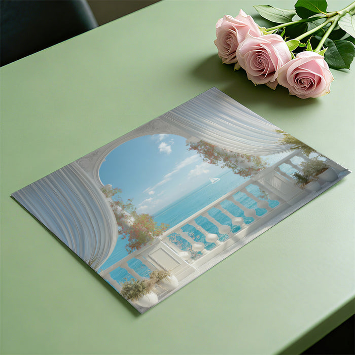 Floral Archway Balcony Mural Wallpaper | Romantic Sea View