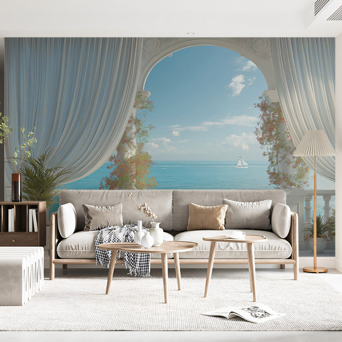 Floral Archway Balcony Mural Wallpaper | Romantic Sea View