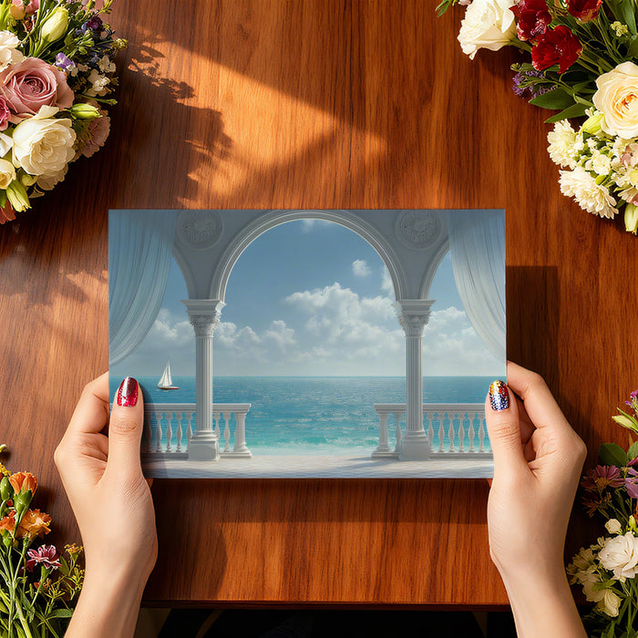 Grand Palace Balcony Mural Wallpaper | Luxury Ocean Landscape