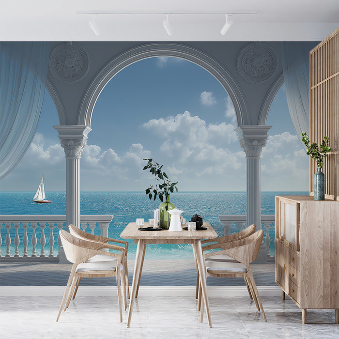 Grand Palace Balcony Mural Wallpaper | Luxury Ocean Landscape