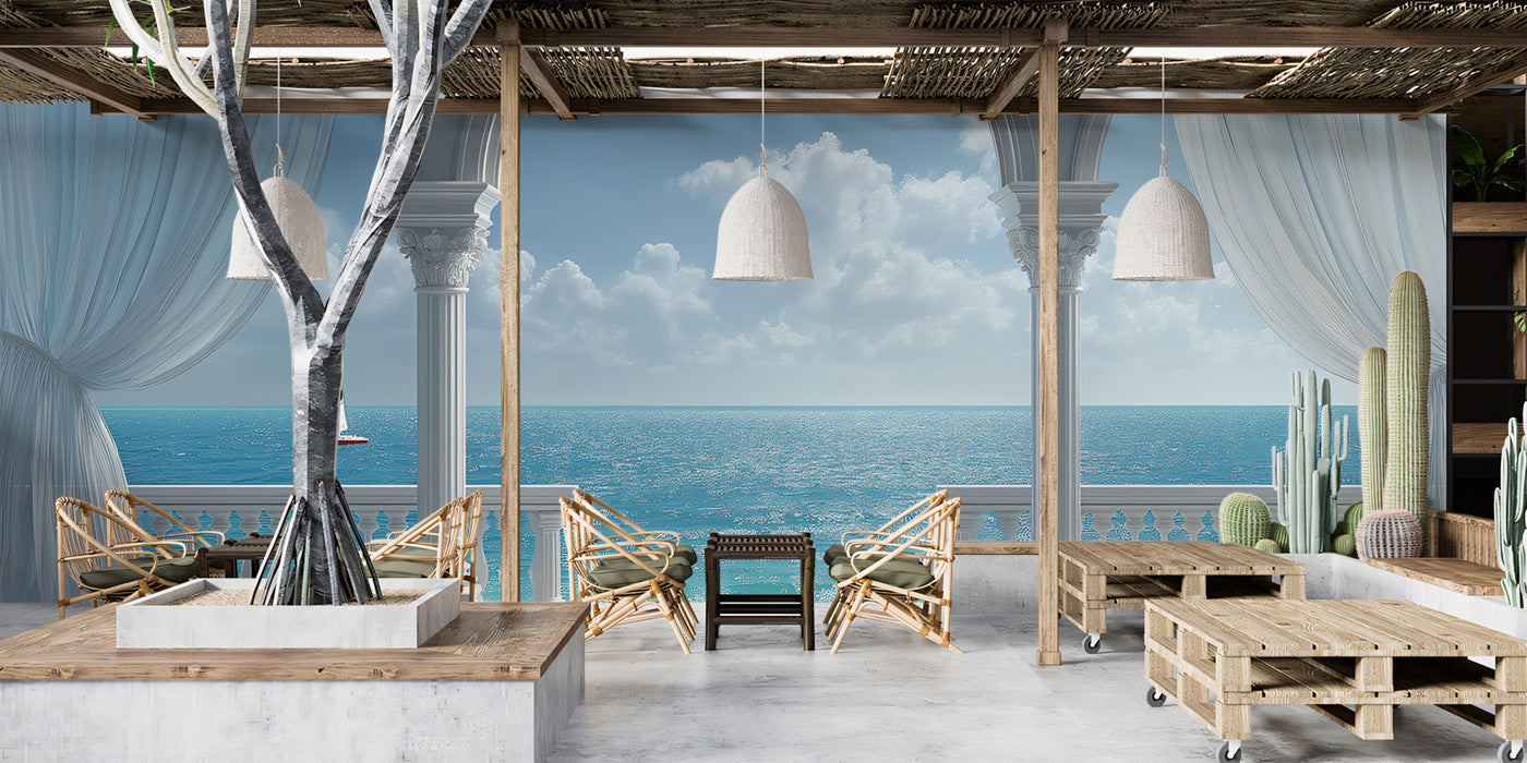 Grand Palace Balcony Mural Wallpaper | Luxury Ocean Landscape