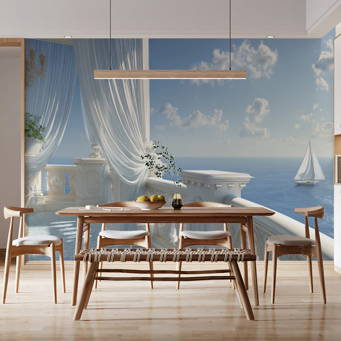 Ornate Side Balcony Mural Wallpaper | Elegant Chandelier View