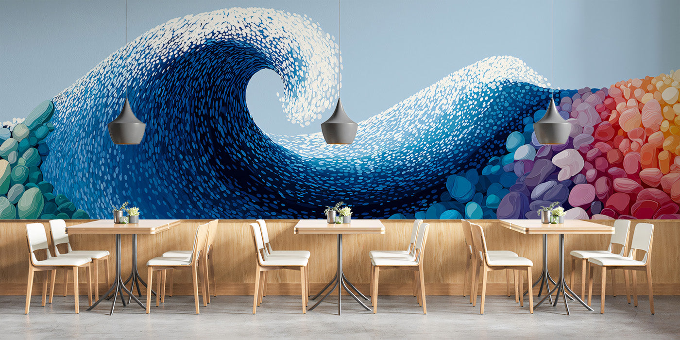 Stylized Ocean Wave Mural Wallpaper | Colorful Pebbles Art