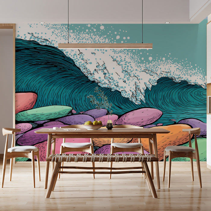 Comic Style Crashing Wave Mural Wallpaper | Retro Pop Art Beach